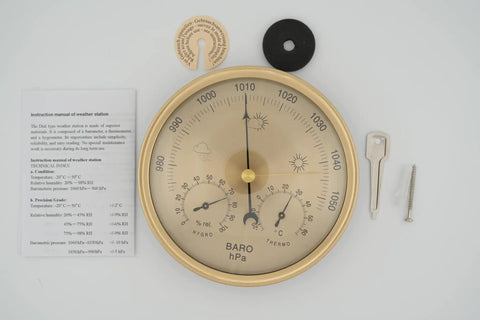 Three In One All Season Weather Station With Thermometer Barometer Hygrometer Indoor Outdoor Temperature Humidity And Pressure Monitor For Home Office Greenhouse Wall Or Desk Mount Easy Read Display showing gauges and parts.