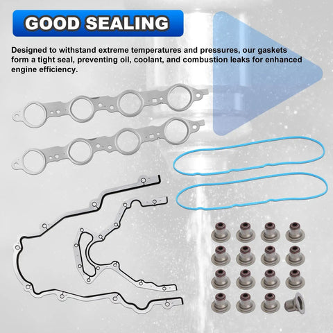All In One Full Cylinder Head Gasket Kit For 4.8L And 5.3L V8 Trucks And SUVs Like Silverado Tahoe Suburban Express Sierra Savana Yukon And Buick Escalade Replacement showing gaskets and seals