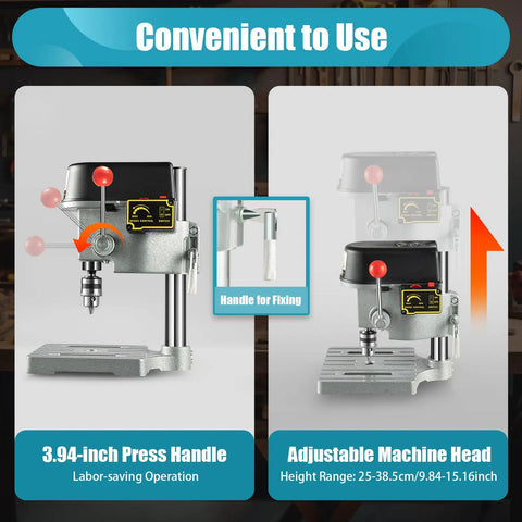 Full Copper Motor Mini Drill Press Bench Portable Three Speed Workstation With Solid Cast Iron Base Smooth Operator for Weekend Warriors featuring adjustable machine head and press handle.
