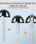 Heavy Duty Eight Inch Stainless Steel Angle Finder With 0 To 180 Degree Adjustable Protractor Ruler And Thumb Lock, Precision Carpentry Square for woodworking showing detachable components.