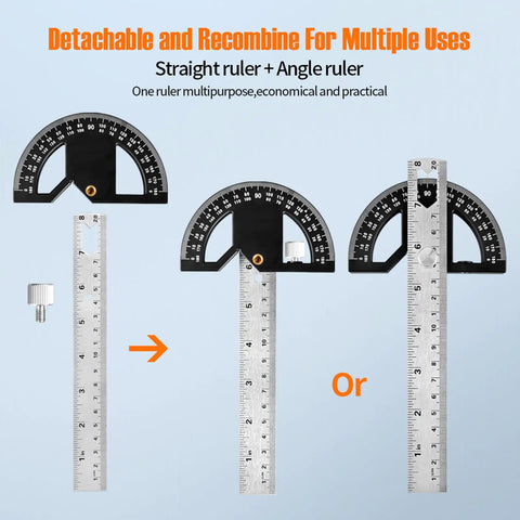 Heavy Duty Eight Inch Stainless Steel Angle Finder With 0 To 180 Degree Adjustable Protractor Ruler And Thumb Lock, Precision Carpentry Square for woodworking showing detachable components.