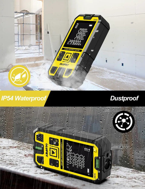 Laser Distance Meter With Bubble Levels And Backlit LCD IP54 Waterproof Portable Digital Distance Finder 0.2s Fast Measurement Up To 328 Feet With Accuracy To 0.08 Inch For Construction And Home Projects, black yellow handheld unit