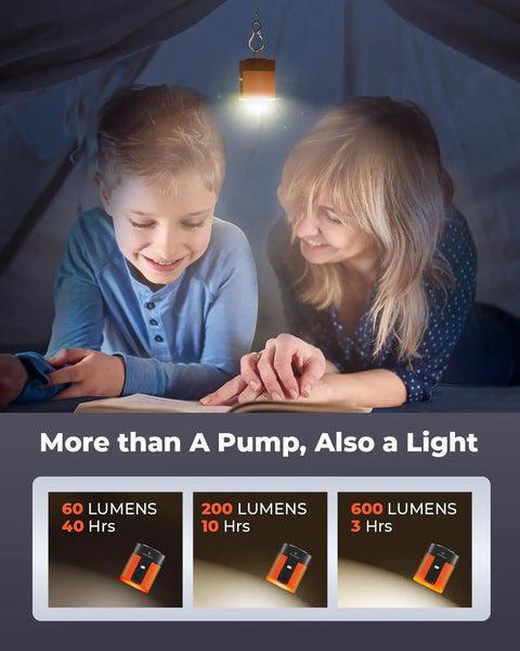 Tiny But Mighty Portable Air Pump For Inflatables With 2600mAh Battery And Camping Light, ideal for air beds, shown in a tent