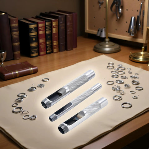 Pro Grade 3 Piece Leather Hole Punch Set With Steel Hollow Punches For Grommets 1/4 Inch, 3/8 Inch, 1/2 Inch on workspace