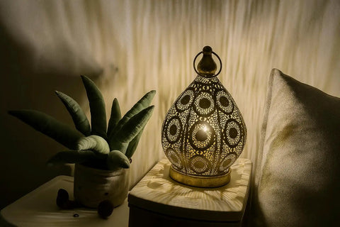 Moroccan Mosaic Table Lamp Metal Turkish Handmade Nightstand Bedside Lamp for Bedroom and Living Room Decor, emitting ambient light.