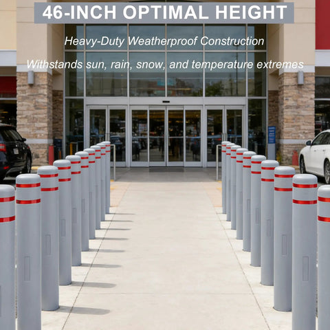 Built Like A Tank Hdpe Bollard Cover 5 X 46 Inch Grey Push On Post Sleeve With Two Add On Reflective Collars lined up in front of a store.