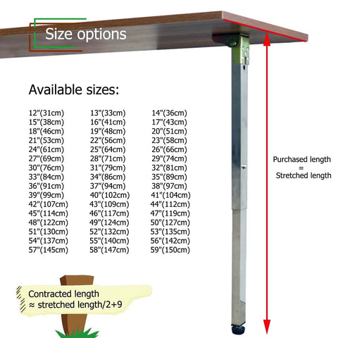 Built Tough Hassle Free Stainless Steel Folding Table Legs For Dining Desk And Bar Rig With Smooth Telescopic Adjustments, size options chart.