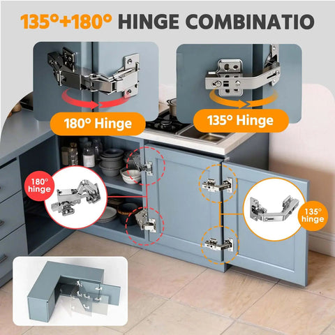 Corner Cabinet Hinges Set With 135 And 180 Degree Soft Close For Half Overlay Doors, 2 Each 180 Degree And 2 Each 135 Degree, Pie Cut Solution