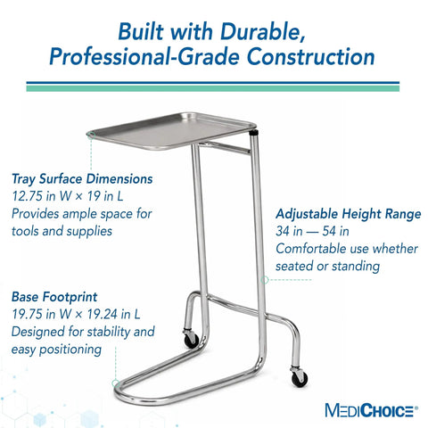 Portable Adjustable Tray Steel Premium Pro Grade Instrument Stand For Medical Dental Salon Tattoo Esthetician And Mobile Service Cart Table Height 34 To 54 Inches With Stable Chrome Base And Heavy Duty Legs, featuring stainless tray and chrome support.
