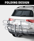 Dope 2-Bike Hitch Rack For Car With Quick Release Handle attached to car rear, showcasing foldable design for 2-inch receiver