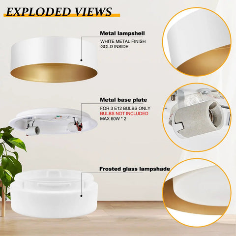 Exploded view of Modern Flush Mount Ceiling Light Fixture 12.5 Inch Round Close To Ceiling White And Gold Metal Minimalist Design For Kitchen Bedroom Hallway Entryway LED Compatible E12 Socket Bulbs Not Included showing metal lampshell, base plate, and frosted glass shade.