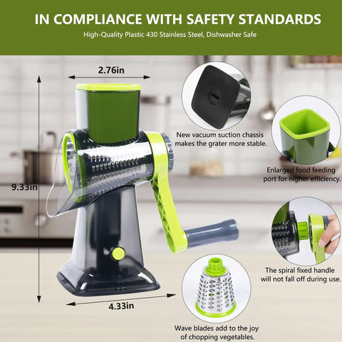 Ultimate Hand Crank Cheese Grater With Three Interchangeable Stainless Steel Drums For Cheese, Vegetables, And Fruits, Stable Suction Base For Easy Rotary Operation, Green Kitchen Must Have Chef Kiss, 9.33in