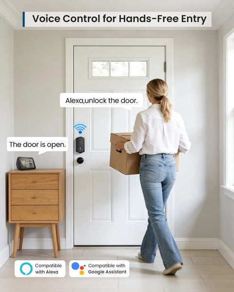 Woman using Built Tough WiFi Keypad Deadbolt For Your Front Door Zero Hassle Smart Lock With Matte Black Finish for hands-free entry.