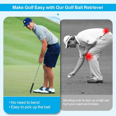 Golfer using 4 Pack Golf Ball Retriever Durable Grabber And Picker For All Kinds Of Putter Handles, stress-free ball pickup on green.