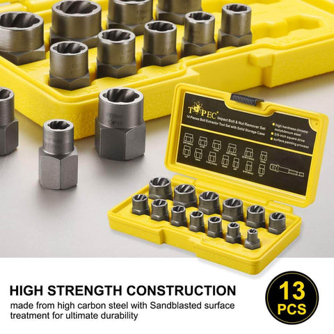 Beast Of A Impact Bolt And Nut Remover Set Thirteen Plus One Piece Kit with 3/8 Inch Drive Extractor Sockets in yellow case