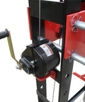 Side view of 50 Ton Electric Hydraulic Shop Press with adjustable carriage winch, precise pressure gauge, heavy duty industrial steel frame.