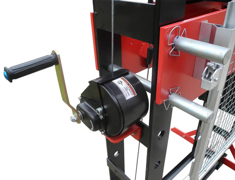 Side view of 50 Ton Electric Hydraulic Shop Press with adjustable carriage winch, precise pressure gauge, heavy duty industrial steel frame.
