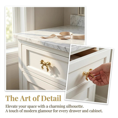 Top Shelf Vintage Bowknot Cabinet Knobs And Metal Drawer Pulls For Furniture Hardware on white drawer, gold finish.