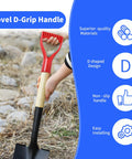 Two Pack Red D Shaped PVC Shovel Handle Grips For Plastic Spades Replacement Snow Shovel Garden Tool attached to wooden shovel on ground