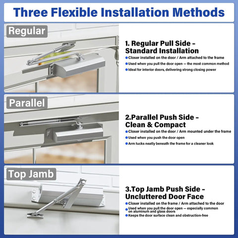 Heavy Duty Automatic Door Closer For Home And Office, Cast Aluminum With Hydraulic Soft Close, 3 mounting options