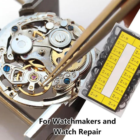 180 Piece Watch O Ring Gasket Set With 18 Types For Different Sizes, 0.5mm And 0.6mm Diameters, shown with a watch mechanism