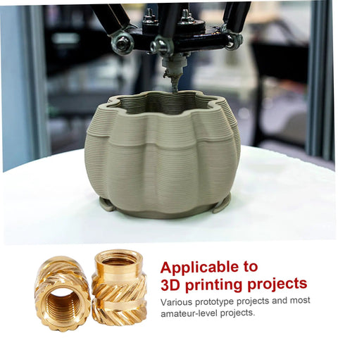 3D printer creating part with One Fourth Threaded Brass Knurled Heat Set Inserts Kit in foreground, 30 pack, for plastic projects.