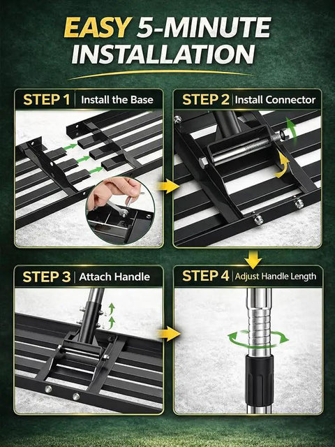 Four step assembly guide for Heavy Duty Lawn Leveling Rake With 72 Inch Stainless Steel Handle For Golf Courses Lawns Gardens