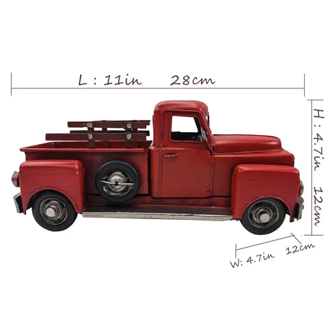 Side view of 11 Inch Iron Red Truck Pickup Model Decor For Christmas Tabletop Centerpiece Totally Vintage Rustic Farmhouse Metal Truck Decoration