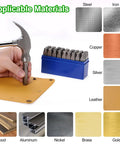 Pro Grade Metal Stamping Kit With 36 Stamps Including A To Z 0 To 8 And Ampersand Symbol Twelve Point Five Millimeter Size Comes With Seven Inch Holder Durable Chrome Vanadium Steel Punches For Marking Metal Leather Wood And Plastic Projects used on leather with materials displayed