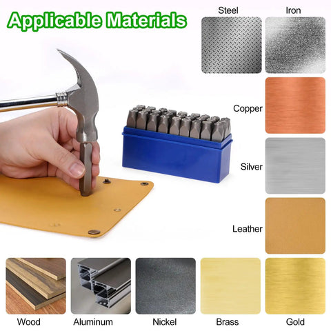 Pro Grade Metal Stamping Kit With 36 Stamps Including A To Z 0 To 8 And Ampersand Symbol Twelve Point Five Millimeter Size Comes With Seven Inch Holder Durable Chrome Vanadium Steel Punches For Marking Metal Leather Wood And Plastic Projects used on leather with materials displayed