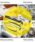 Collage image showing 20mm Pneumatic Air Belt Sander Polisher for metal, wood, plastic with ergonomic handle and speed control.