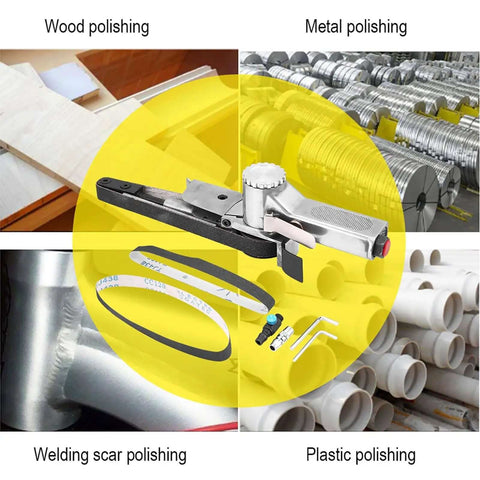 Collage image showing 20mm Pneumatic Air Belt Sander Polisher for metal, wood, plastic with ergonomic handle and speed control.
