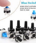 180-Piece Tactile Push Button Switch Kit With 10 Value Sizes 6x6mm To 7x7mm, blue and black 4-pin switches shown
