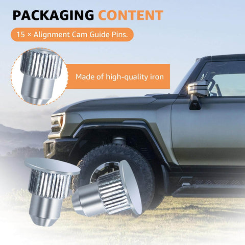 15 Pcs Camber Alignment Guide Pins Set For Silverado Sierra Tahoe Suburban Yukon Escalade Hummer H2 H3 Suspension Systems Durable Zinc Plated Iron Pins For Precise Wheel Camber Alignment And Easy Installation For Trail Ready Rigs shown with vehicle.