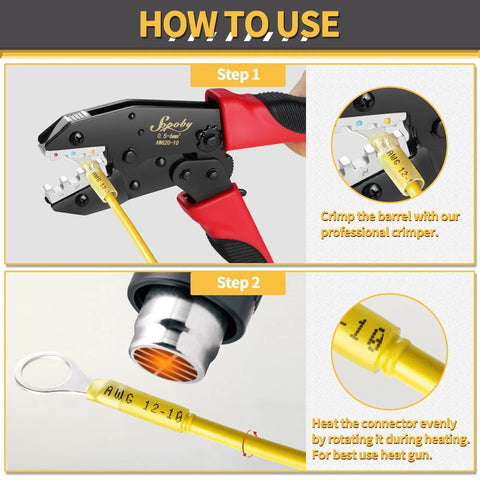 Front view of 540-piece marine-grade heat-shrink wire connector kit with crimp tool and yellow insulated connectors