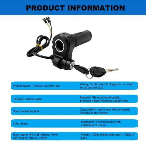 Full Twist Ebike Throttle Grip For Q20 Systems 3 Pin Waterproof Controller With 2 Keys shown with wiring and lock key
