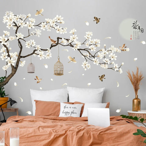 Dope Chinese Style Wall Decal With White Magnolia Blossoms Black Tree Flying Birds And Moon Calligraphy Removable DIY Murals 50x74 Inches
