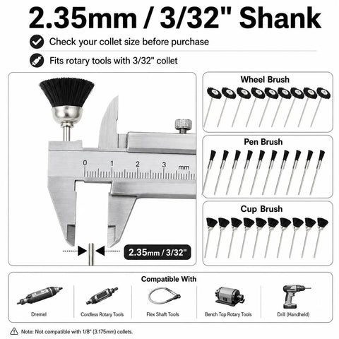 Hella Versatile Soft Nylon Bristle Cup Brushes For Metal Polish And Cleaning With Zero Hassle Rotary Drill Bits And Compact Two Point Three Five Mm Shank shown with calipers and brush types.