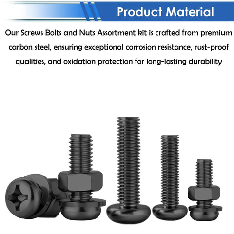 516-Piece Black Nuts And Bolts Kit With 21 Sizes M3 To M6 Screws Nuts And Flat Washers, Carbon Steel shown in profile