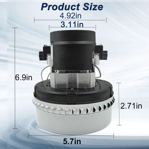 Vacuum cleaner motor, front view, 120V, 2-stage blower, 5.7in diameter, includes gasket
