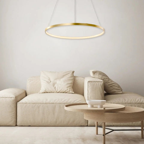 Lit LED Ring Pendant Light With Remote Control 23.6 Inch Halo Chandelier above a beige sofa in a modern living room