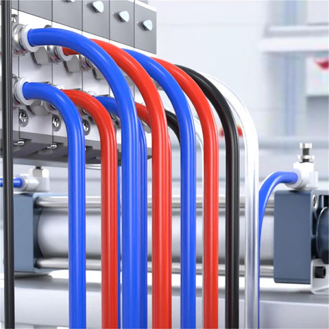 Badass Flexible PU Pneumatic Hose For Compressed Air With Push Quick Couplings In Blue And Sizes Like 8x5mm Or 6x4mm Fits For Best Performance Reliable Leak Proof Seals For Home Or Shop Ensuring Rock Solid Connections Easy As Pie All Day Long. Blue PU air hoses with quick couplings on machine fittings