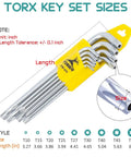 Beefy Industrial Grade Tamper Proof Torx Hex Key Set, 9 Piece Long Arm L Wrench Kit showing size and lengths T10 to T50