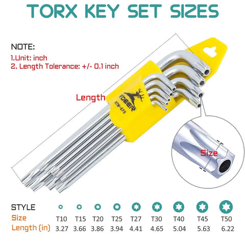 Beefy Industrial Grade Tamper Proof Torx Hex Key Set, 9 Piece Long Arm L Wrench Kit showing size and lengths T10 to T50