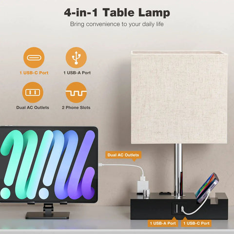 Set Of 2 Dimmable Beige Bedside Lamps With USB C Ports And Dual Charging Outlets, wooden base, phone slots, and LED screen charging.