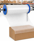 Heavy Duty Wall Mount Bubble Wrap Dispenser Built Tough Industrial Steel Roll Holder with bubble wrap dispensing over a box.