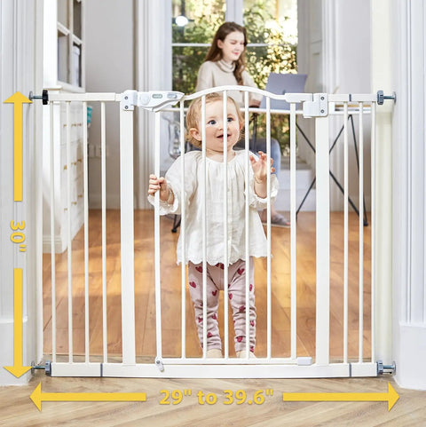 Adjustable Baby Gate For Pets 29 To 39.6 Inches Wide, 30 Inch Tall, auto-close feature, child standing behind gate