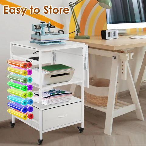 Heavy Duty Three Tier Movable Heat Press Table With Foldable Stand For Heat Transfer Machines Sublimation Printers And Cutting Tasks Hustle Ready Workhorse with colorful vinyl rolls and printer.