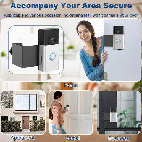 Anti Theft Video Doorbell Mount No Drill Bracket For Battery And Video Doorbells Easy Install For Apartments Homes And Small Businesses Compatible With Models 1 2 3 3Plus 4 2Nd Gen Battery Plus 2023 And Battery Pro 2024 Not For Security Doors shown installed on a white door with examples for apartment and business use
