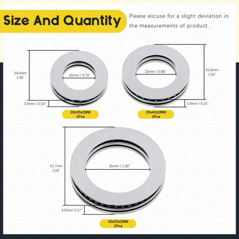 Mardatt thrust needle roller bearings with washers, chromium steel; three sizes shown: 20x35x2mm, 25x42x2mm, 35x52x2mm.